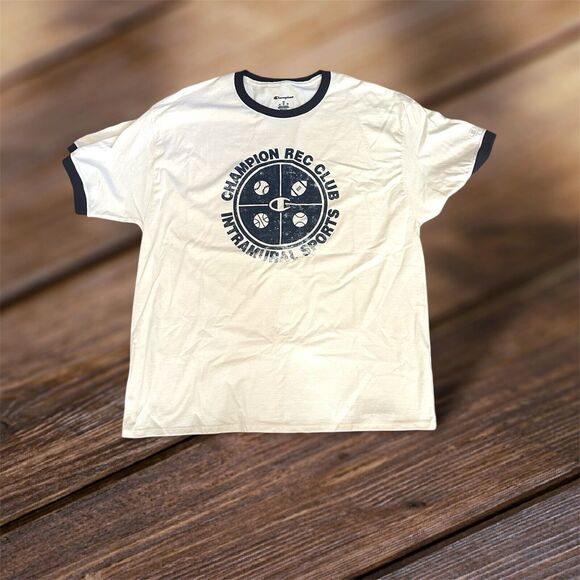 NWT Champion Mens Xl Ringer T-shirt Rec Club Intramural Sports Graphic Cream - Picture 1 of 8